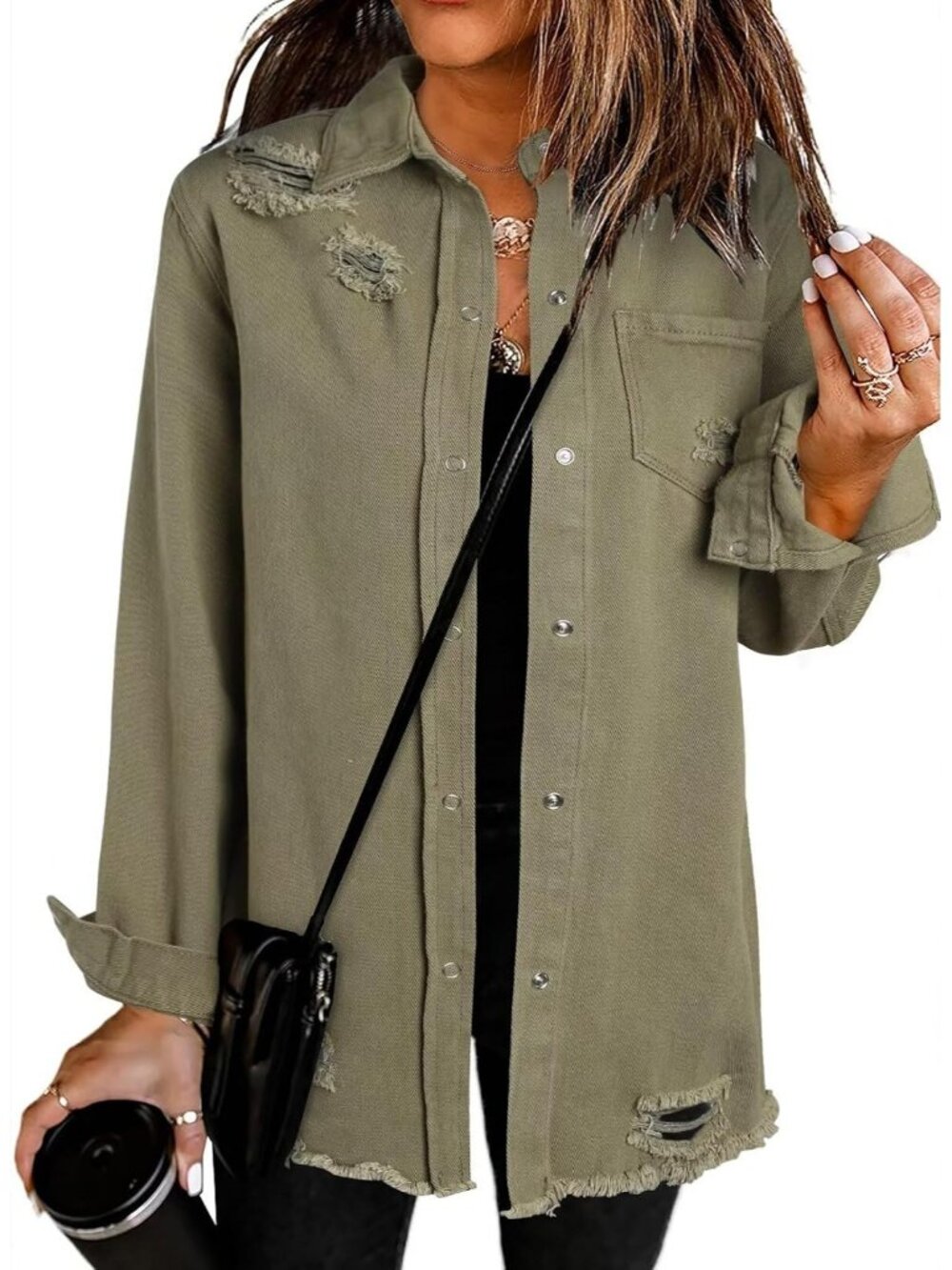 Women’s Khaki Tan Oversized Distressed Boyfriend Button Down Denim Jean Jacket